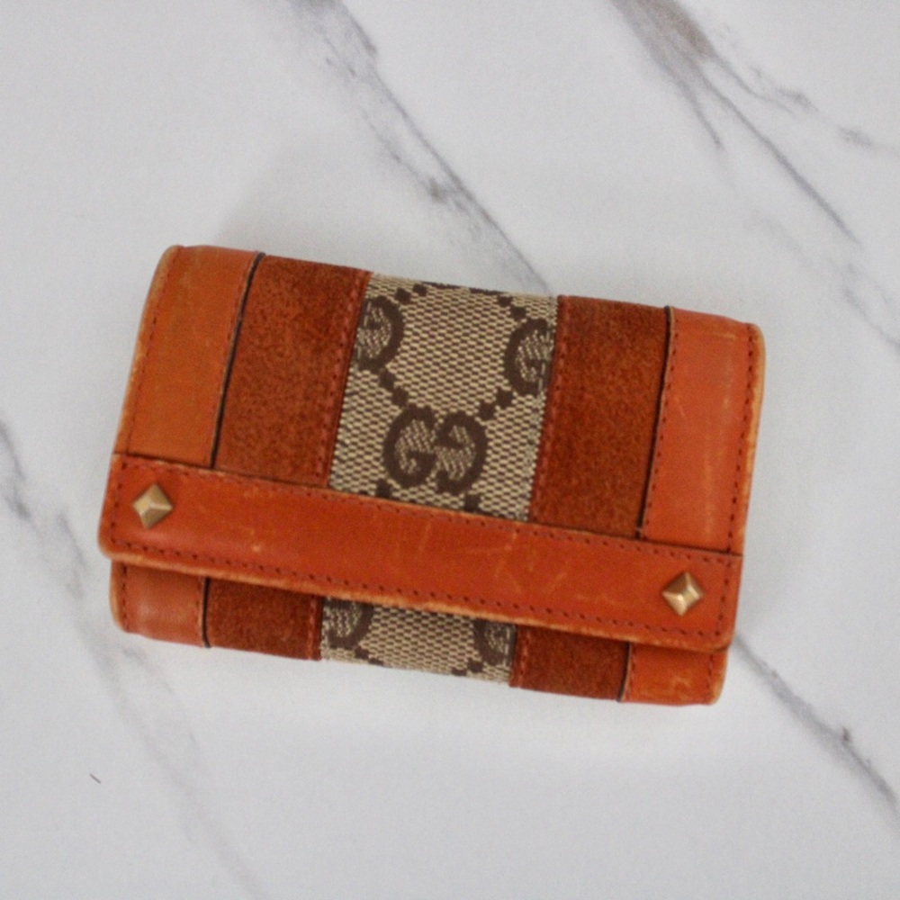 Gucci Orange Canvas Leather & Suede Mini Keyholder with Gold Accents